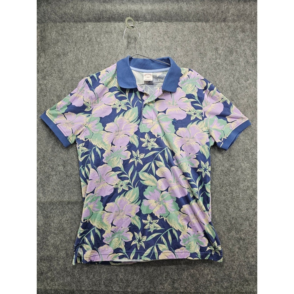 Brooks Brothers 1818 Mens Large Floral Tropical Hibiscus Cotton Polo Shirt Blue